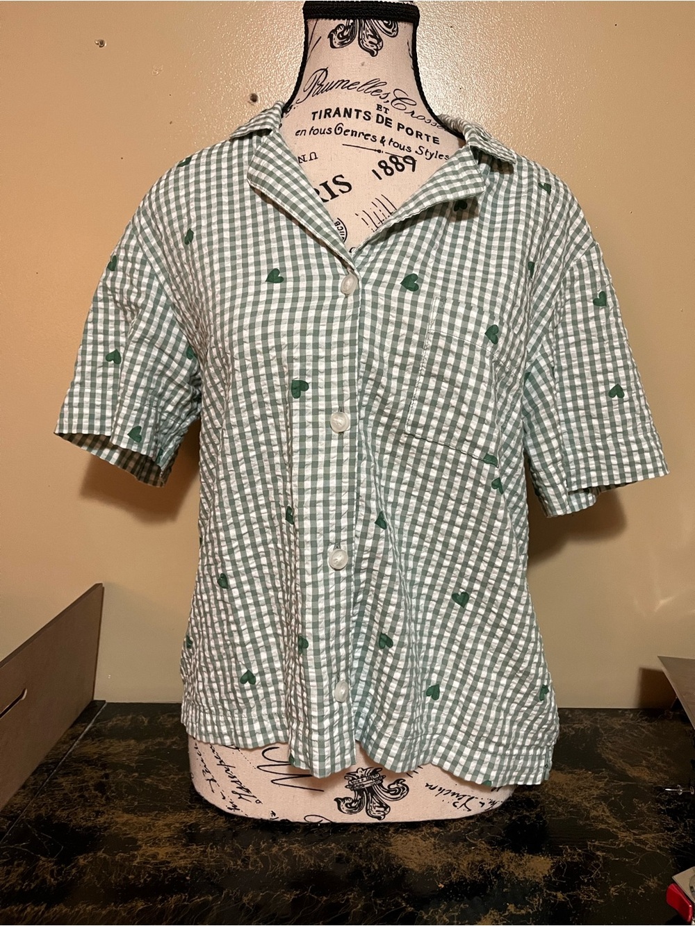 American Eagle Outfitters Green Gingham Short-Sleeve Button-Up